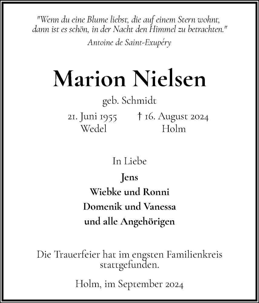  Traueranzeige für Marion Nielsen vom 07.09.2024 aus Wedel-Schulauer Tageblatt, tip Wedel-Schulauer Tageblatt, tip Rissener Rundschau