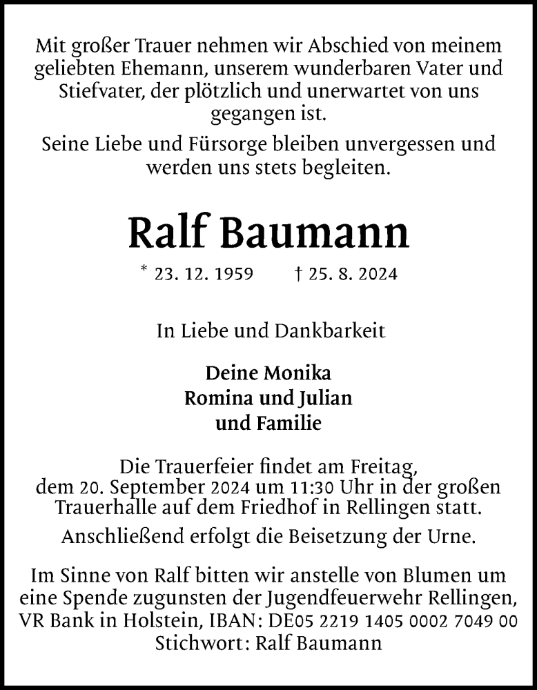  Traueranzeige für Ralf Baumann vom 14.09.2024 aus Region Pinneberg und tip Pinneberg