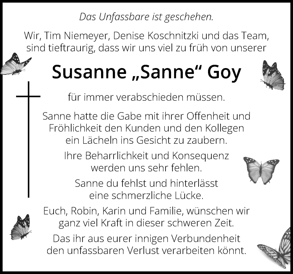  Traueranzeige für Susanne Goy vom 14.09.2024 aus Schleswiger Nachrichten, Schlei-Bote