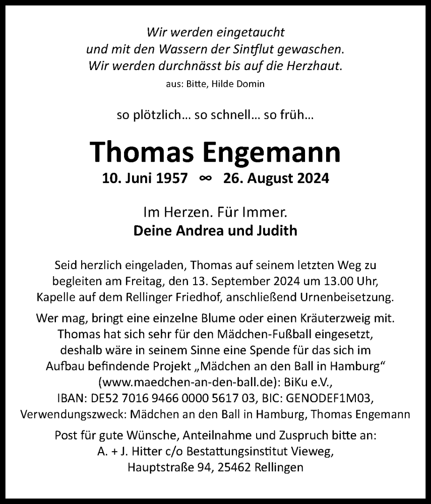  Traueranzeige für Thomas Engemann vom 07.09.2024 aus Region Pinneberg und tip Pinneberg