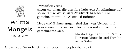 Traueranzeige von Wilma Mangels von Norddeutsche Rundschau, Wilstersche Zeitung, Glückstädter Fortuna