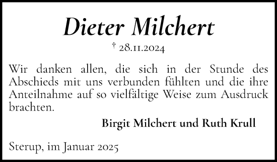 Traueranzeige von Dieter Milchert von Flensburger Tageblatt