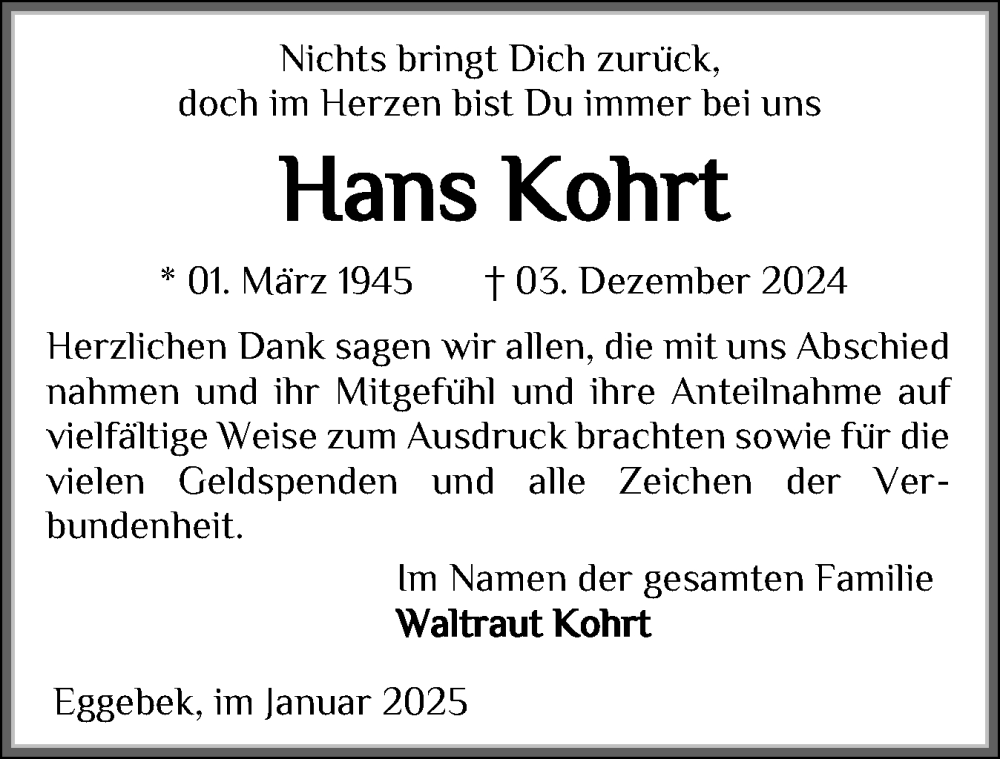  Traueranzeige für Hans Kohrt vom 11.01.2025 aus Flensburger Tageblatt