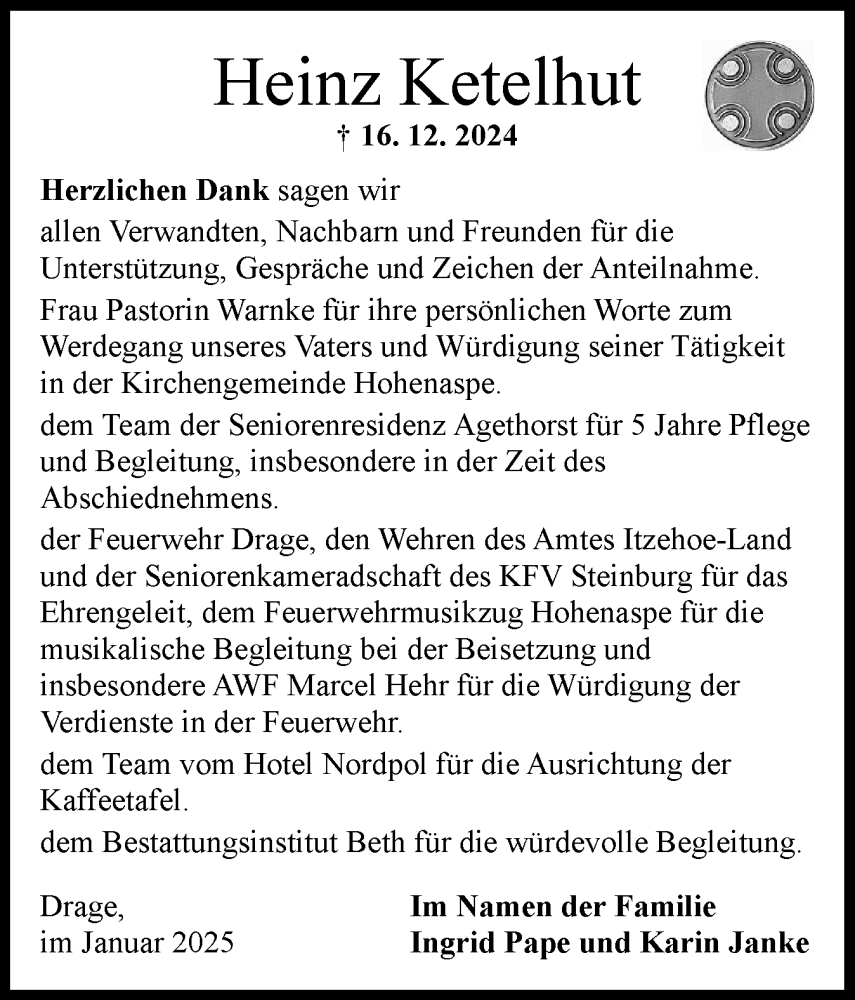  Traueranzeige für Heinz Ketelhut vom 11.01.2025 aus Norddeutsche Rundschau, Wilstersche Zeitung, Glückstädter Fortuna