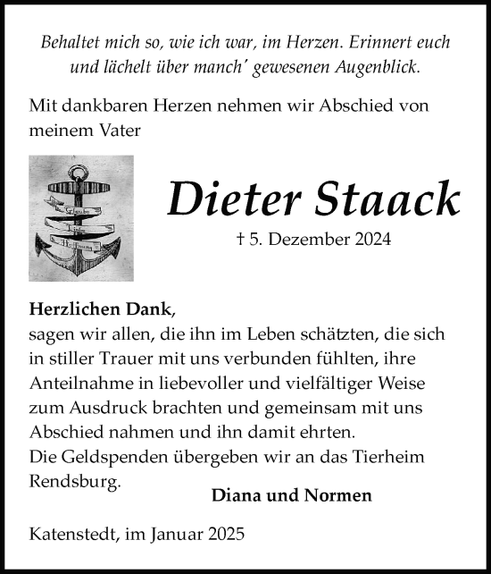 Traueranzeige von Dieter Staack von Schleswig-Holsteinische Landeszeitung