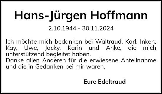 Traueranzeige von Hans Hoffmann von Sylter Rundschau