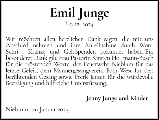 Traueranzeige von Emil Mewes Junge von Der Insel-Bote