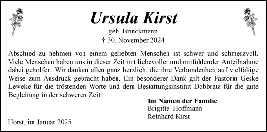 Traueranzeige von Ursula Kirst von Elmshorner Nachrichten, Barmstedter Zeitung