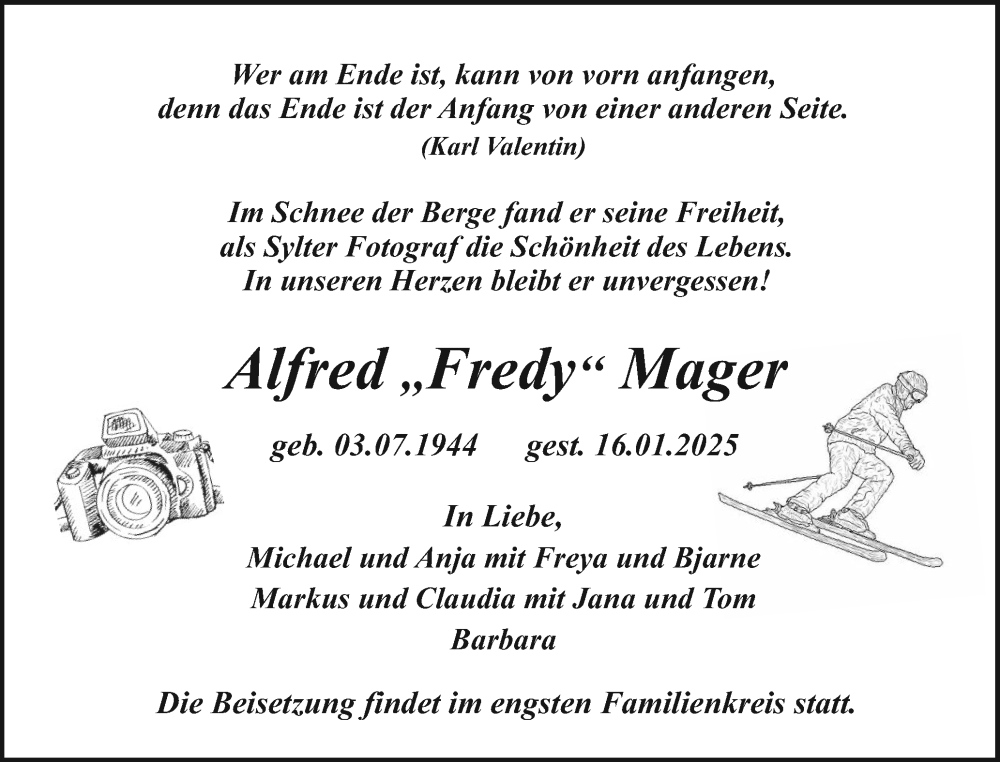  Traueranzeige für Alfred Mager vom 25.01.2025 aus Sylter Rundschau