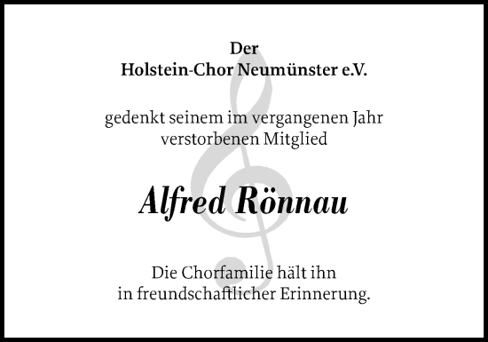 Traueranzeige von Alfred Rönnau von Holsteinischer Courier