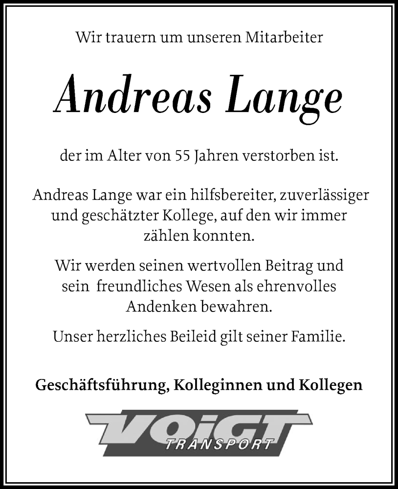  Traueranzeige für Andreas Lange vom 11.01.2025 aus Holsteinischer Courier