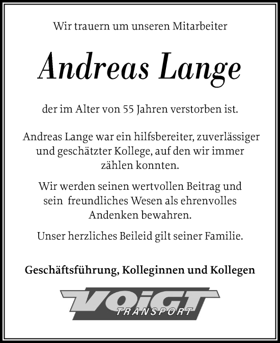 Traueranzeige von Andreas Lange von Holsteinischer Courier