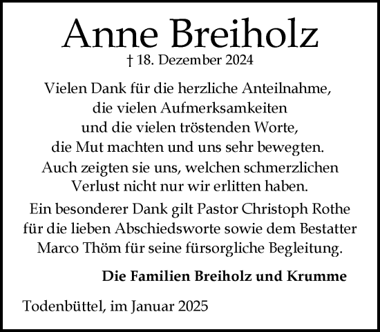 Traueranzeige von Anne Breiholz von Schleswig-Holsteinische Landeszeitung
