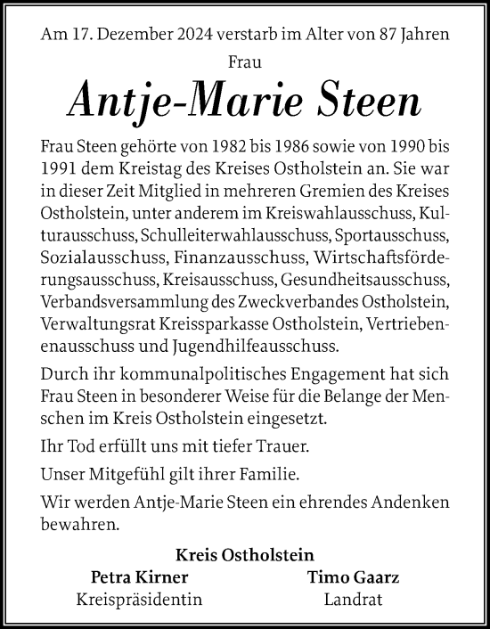 Traueranzeige von Antje-Marie Steen von Ostholsteiner Anzeiger