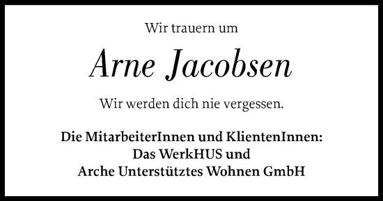 Traueranzeige von Arne Jacobsen von Husumer Nachrichten, Nordfriesland Tageblatt
