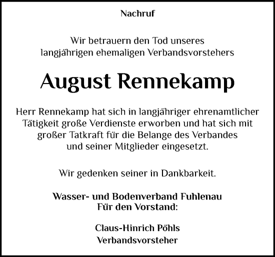 Traueranzeige von August Rennekamp von Schleswig-Holsteinische Landeszeitung
