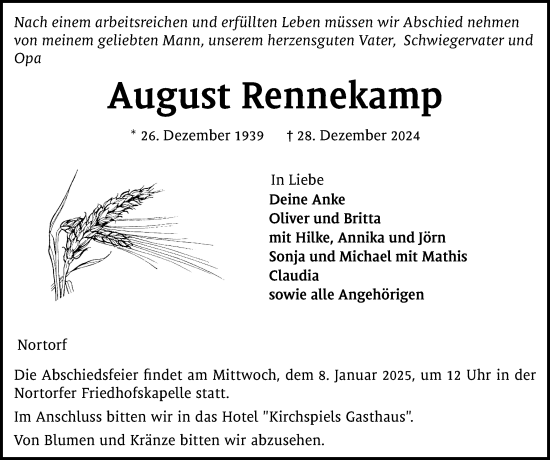 Traueranzeige von August Rennekamp von Schleswig-Holsteinische Landeszeitung