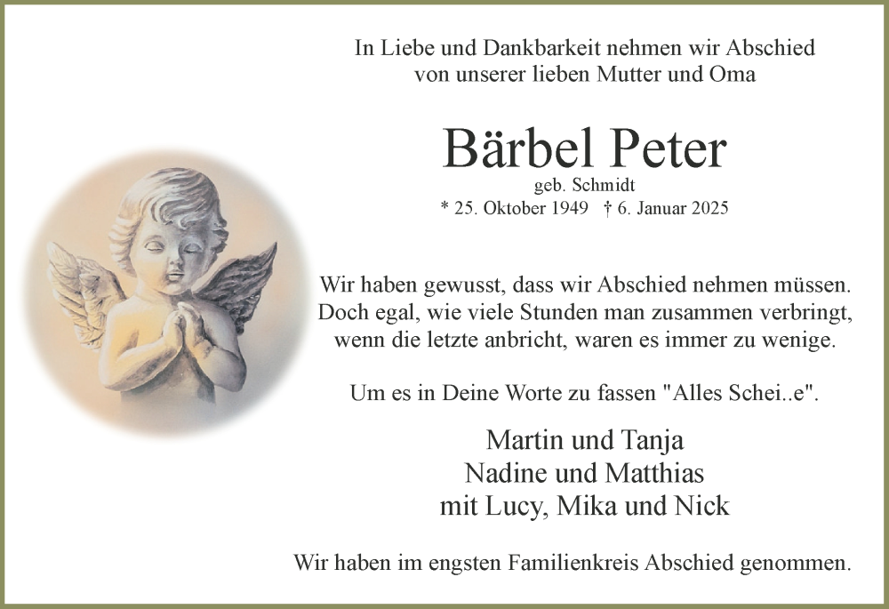  Traueranzeige für Bärbel Peter vom 25.01.2025 aus Uetersener Nachrichten, Der tip am Wochenende