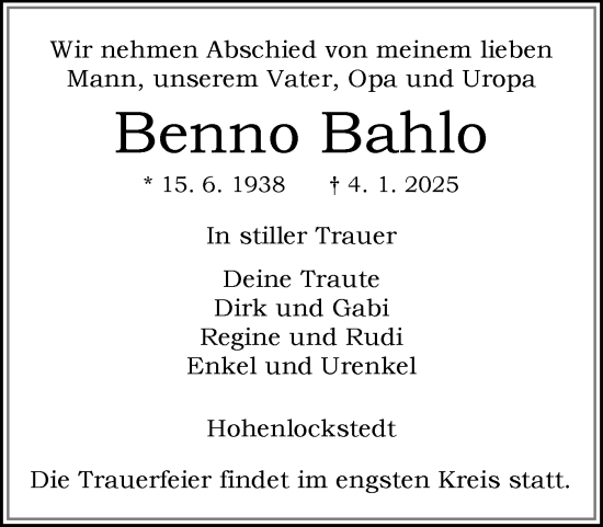 Traueranzeige von Benno Bahlo von Norddeutsche Rundschau, Wilstersche Zeitung, Glückstädter Fortuna