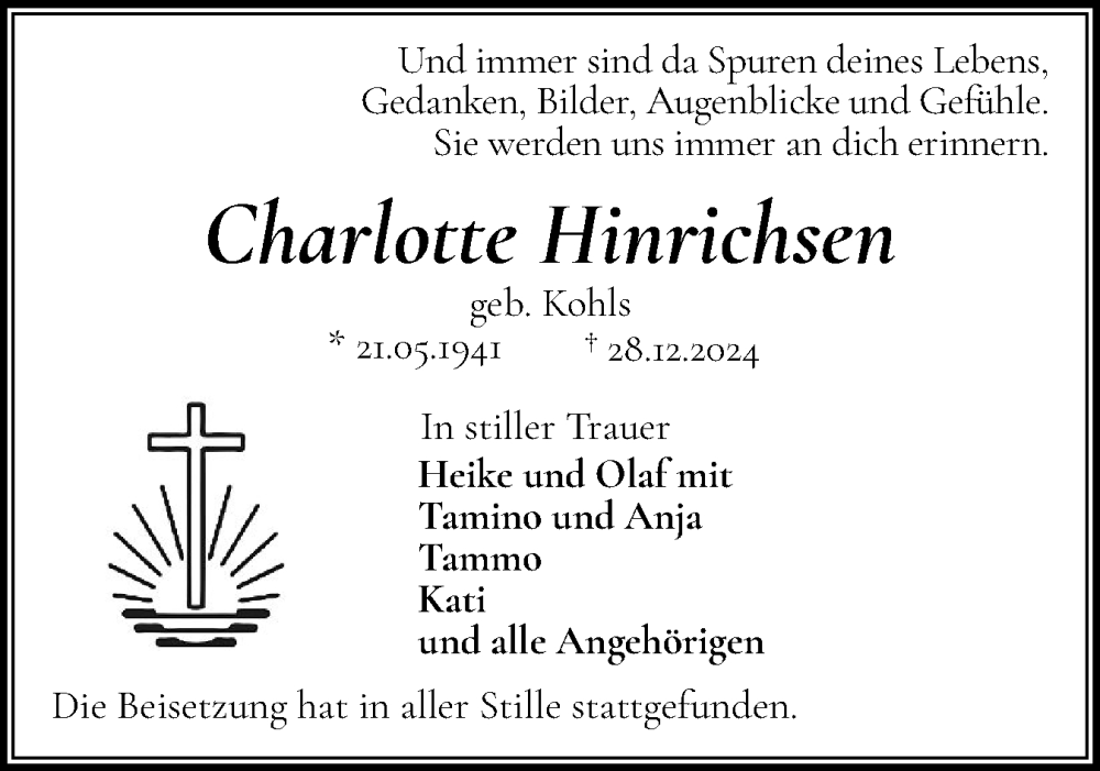  Traueranzeige für Charlotte Hinrichsen vom 25.01.2025 aus Husumer Nachrichten, Nordfriesland Tageblatt