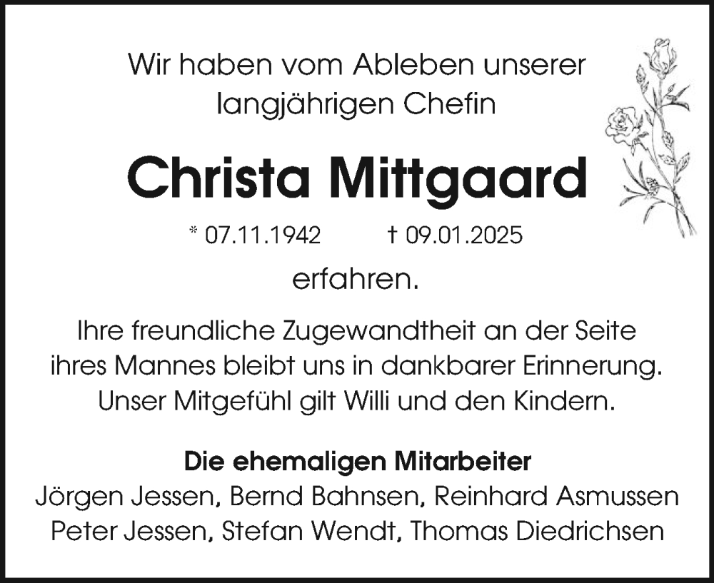  Traueranzeige für Christa Mittgaard vom 18.01.2025 aus Sylter Rundschau