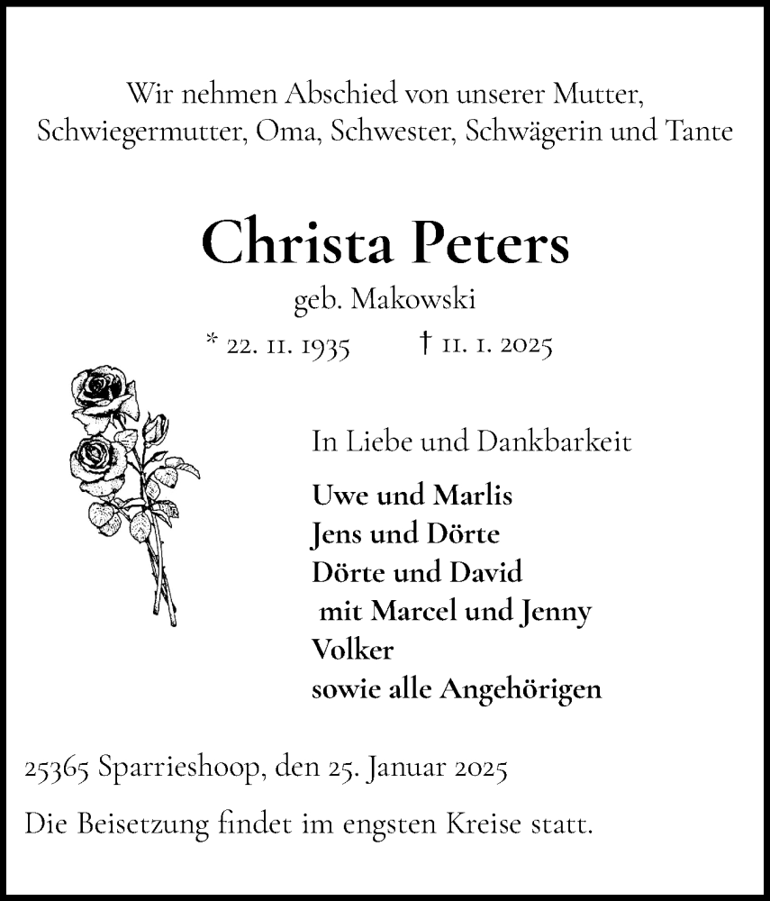  Traueranzeige für Christa Peters vom 25.01.2025 aus Elmshorner Nachrichten, Barmstedter Zeitung