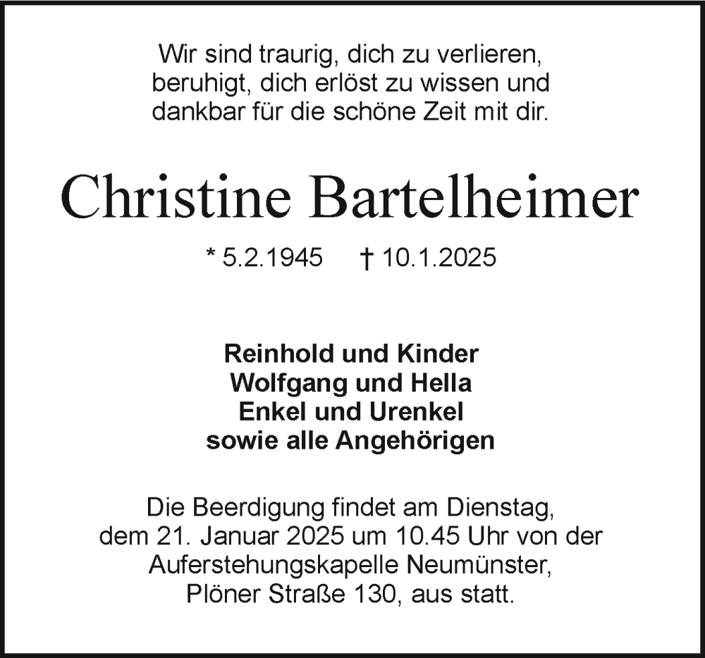  Traueranzeige für Christine Bartelheimer vom 18.01.2025 aus Holsteinischer Courier