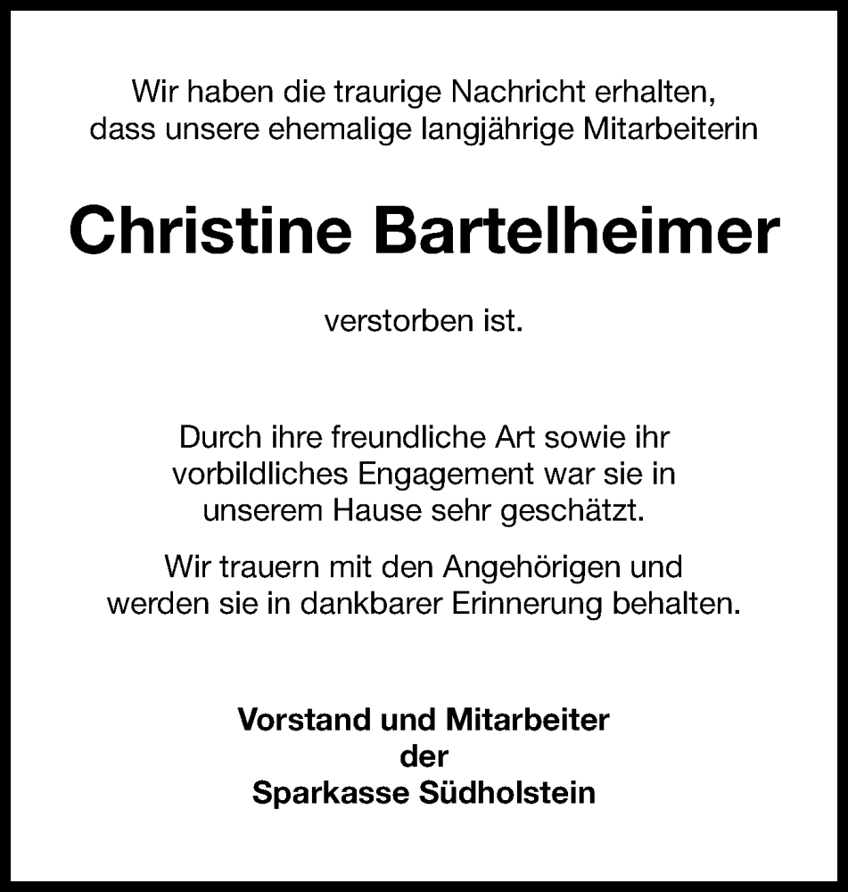  Traueranzeige für Christine Bartelheimer vom 25.01.2025 aus Holsteinischer Courier