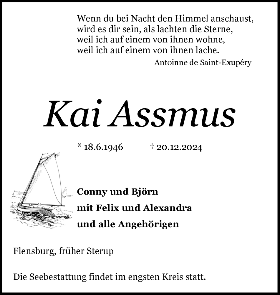  Traueranzeige für Kai Assmus vom 30.12.2024 aus Flensburger Tageblatt, Schleswiger Nachrichten, Schlei-Bote