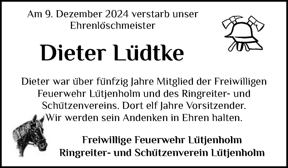  Traueranzeige für Dieter Lüdtke vom 28.12.2024 aus Husumer Nachrichten, Nordfriesland Tageblatt