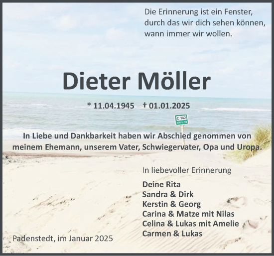 Traueranzeige von Dieter Möller von Holsteinischer Courier
