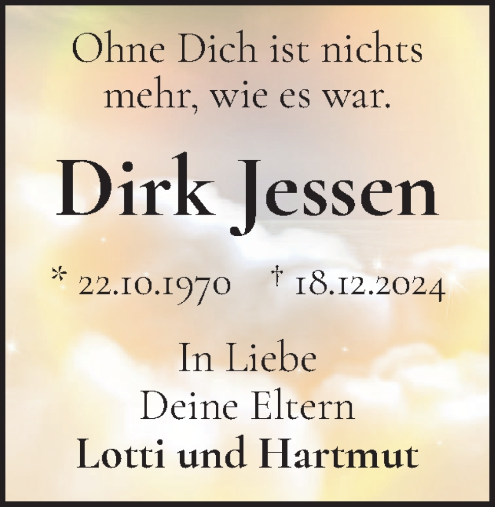  Traueranzeige für Dirk Jessen vom 04.01.2025 aus Eckernförder Zeitung, Hallo Eckernförde