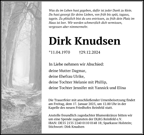 Traueranzeige von Dirk Knudsen von MARKT Bad Oldesloe/Reinfeld und Stormarner Tageblatt