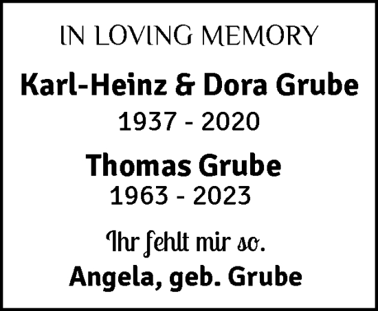 Traueranzeige von Dora Grube von Flensburger Tageblatt