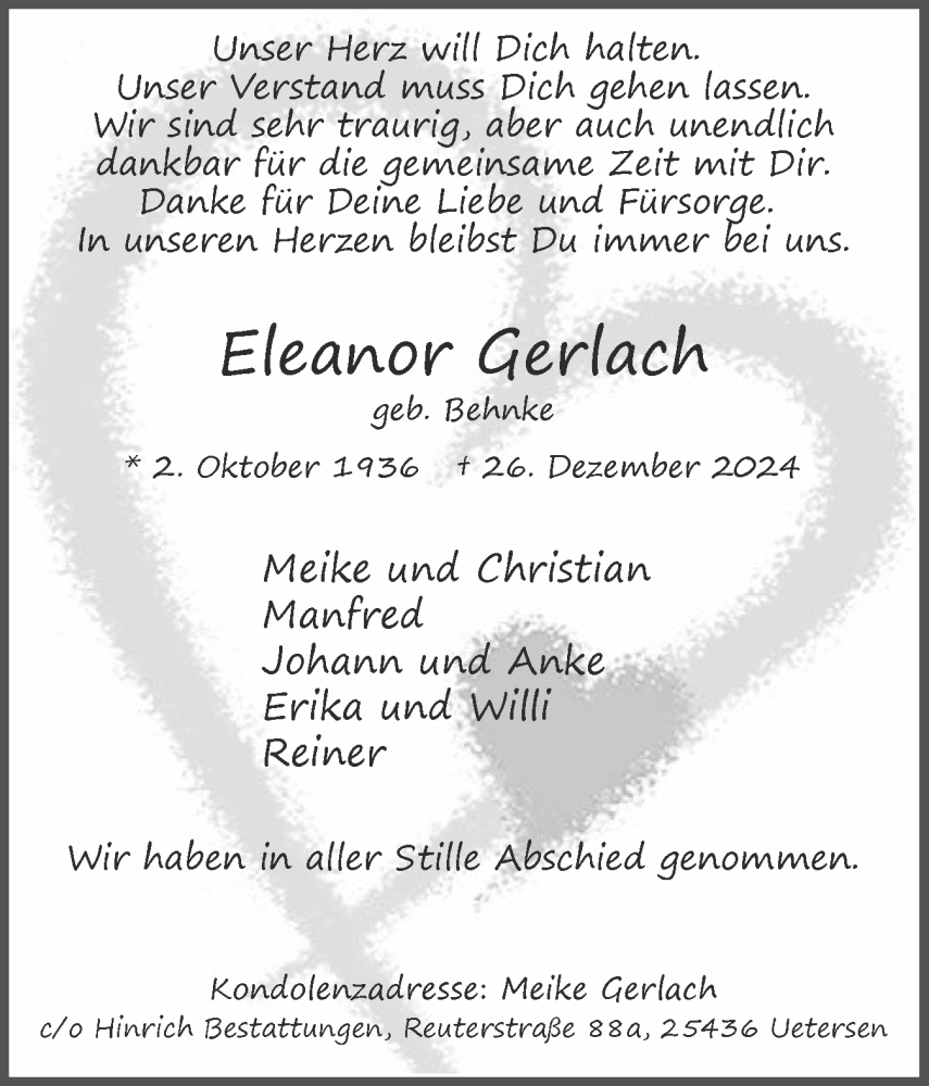  Traueranzeige für Eleanor Gerlach vom 25.01.2025 aus Uetersener Nachrichten, Der tip am Wochenende