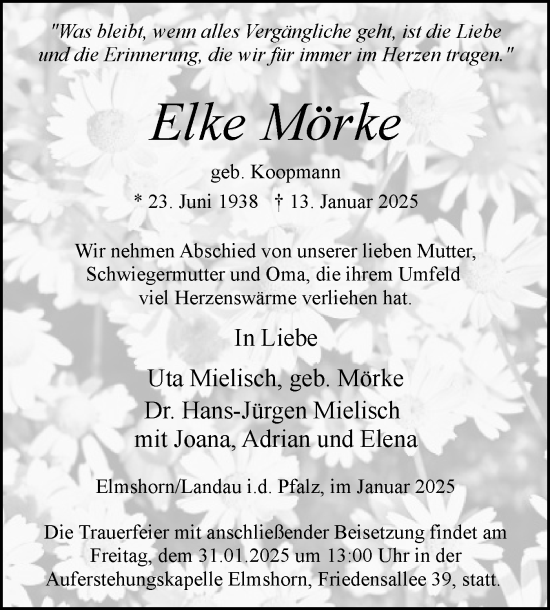 Traueranzeige von Elke Mörke von Elmshorner Nachrichten, Barmstedter Zeitung