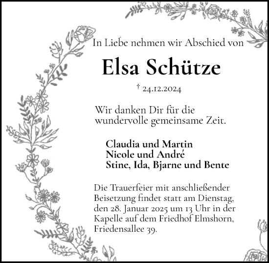 Traueranzeige von Elsa Schütze von Elmshorner Nachrichten, Barmstedter Zeitung