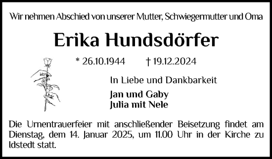 Traueranzeige von Erika Hundsdörfer von Schleswiger Nachrichten, Schlei-Bote