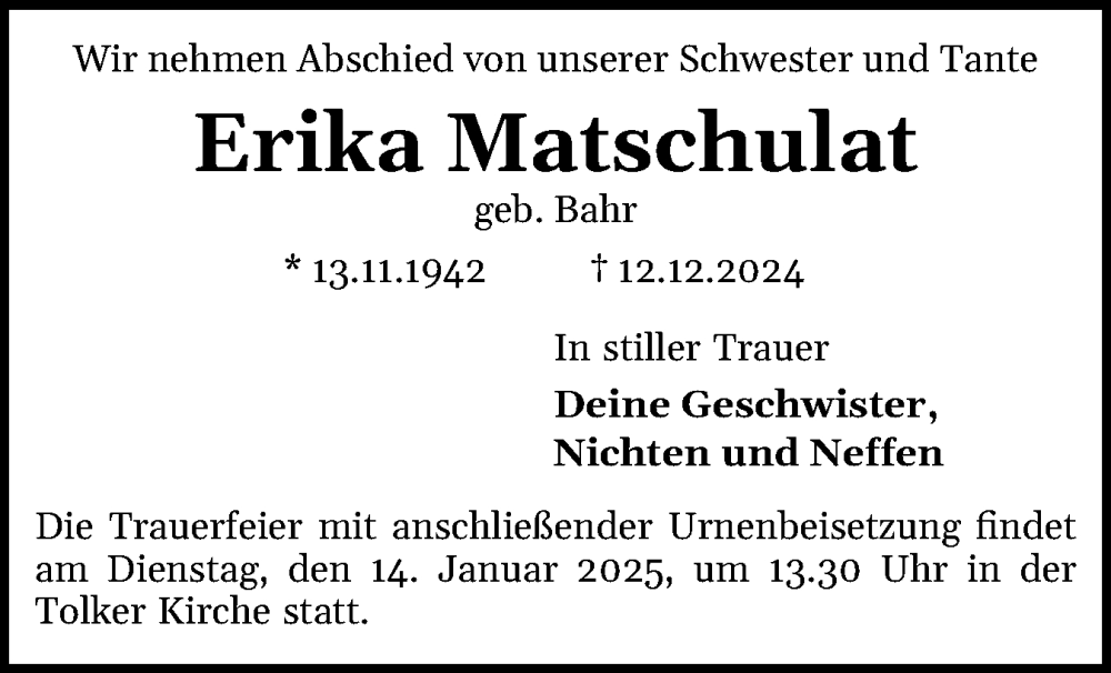  Traueranzeige für Erika Matschulat vom 04.01.2025 aus Schleswiger Nachrichten, Schlei-Bote