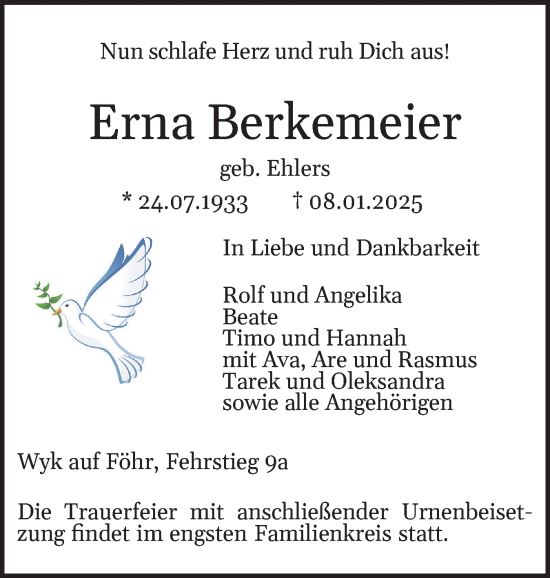 Traueranzeige von Erna Berkemeier von Der Insel-Bote