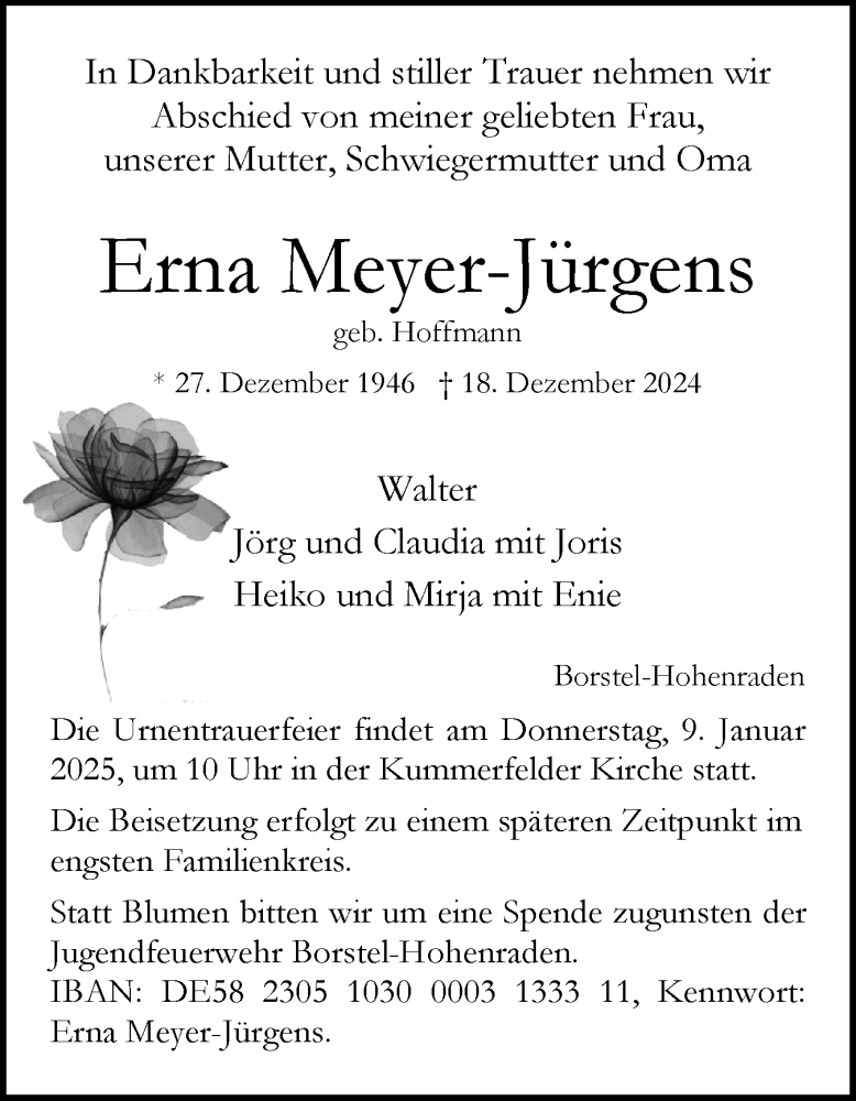  Traueranzeige für Erna Meyer-Jürgens vom 04.01.2025 aus Region Pinneberg und tip Pinneberg