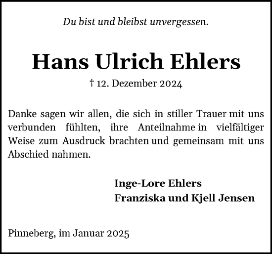 Traueranzeige von Hans Ulrich Ehlers von Region Pinneberg und tip Pinneberg