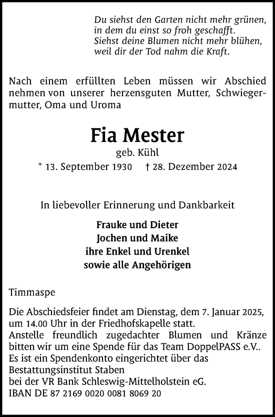 Traueranzeige von Fia Mester von Schleswig-Holsteinische Landeszeitung