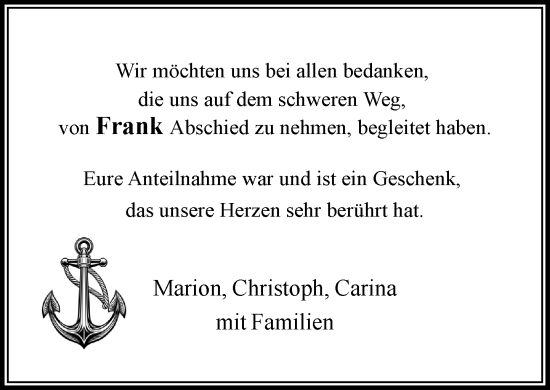 Traueranzeige von Frank  von MARKT Bad Oldesloe/Reinfeld und Stormarner Tageblatt