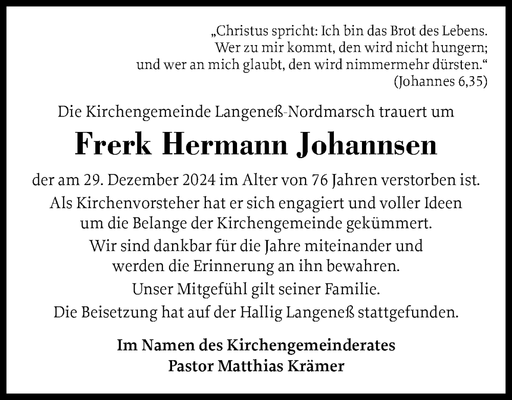  Traueranzeige für Frerk Hermann Johannsen vom 09.01.2025 aus Region Westküste
