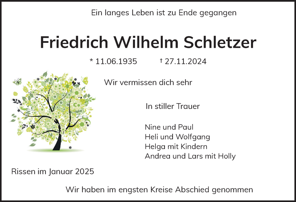  Traueranzeige für Friedrich Wilhelm Schletzer vom 25.01.2025 aus Wedel-Schulauer Tageblatt, tip Wedel-Schulauer Tageblatt, tip Rissener Rundschau