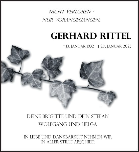 Traueranzeige von Gerhard Rittel von MARKT Bad Oldesloe/Reinfeld und Stormarner Tageblatt
