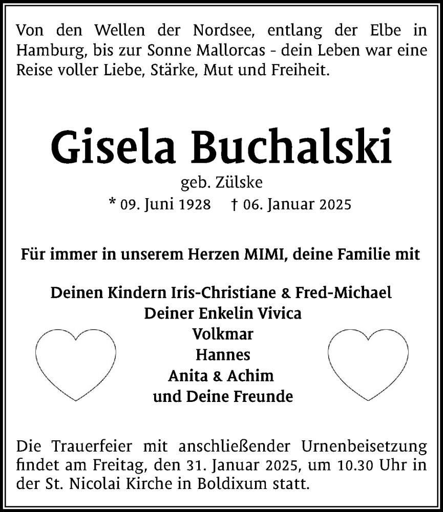  Traueranzeige für Gisela Buchalski vom 25.01.2025 aus Der Insel-Bote