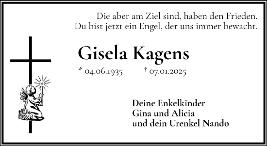 Traueranzeige von Gisela Kagens von Husumer Nachrichten, Nordfriesland Tageblatt