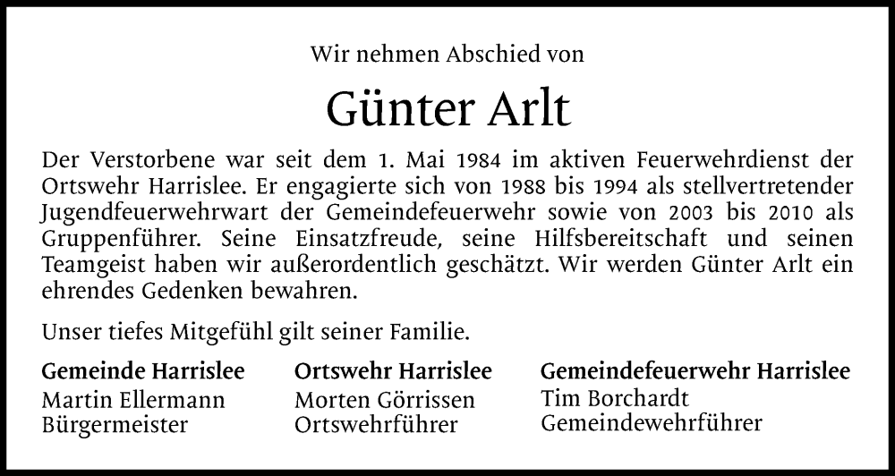  Traueranzeige für Günter Arlt vom 25.01.2025 aus Flensburger Tageblatt